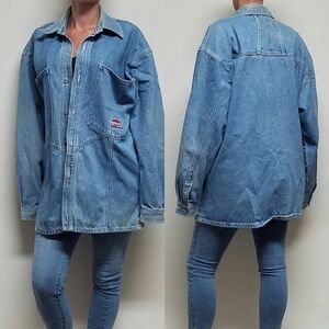 VINTAGE OOAK Red Oxx Stone Wash Large Pocket Button Up Denim Shacket Jean Jacket